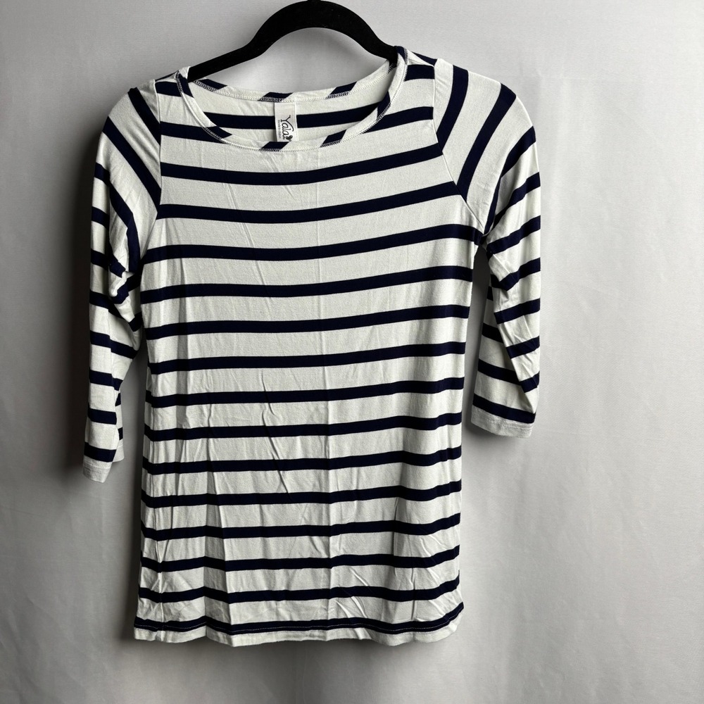 Yala Bamboo Viscose Striped 3/4 Sleeve Top Navy White Boat Neck Tee S French